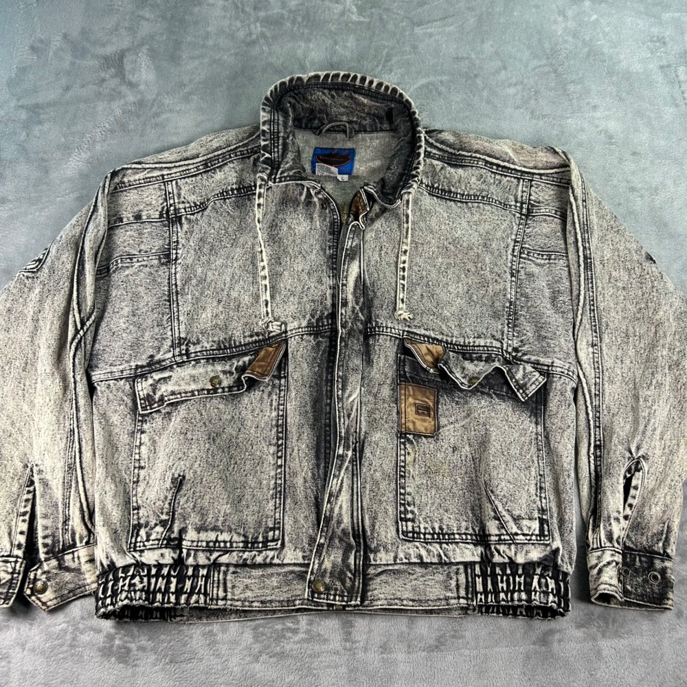 Vintage Horizon Outerwear Acid Wash Denim Jacket Grey Black Leather Trim Large